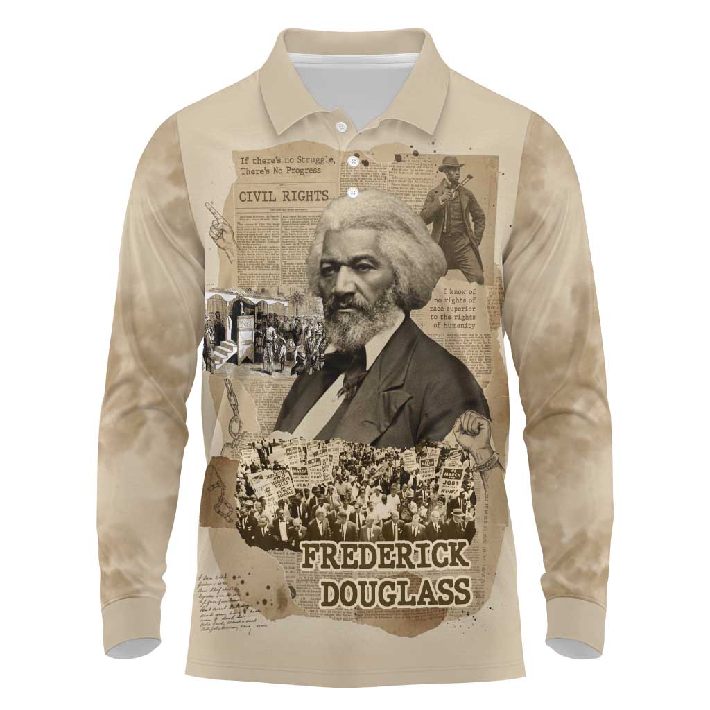 Frederick Douglass Long Sleeve Polo Shirt Sepia Newspaper Collage Civil Rights March Historic Quote Design - African Pride