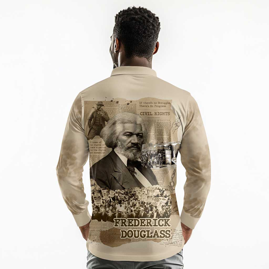 Frederick Douglass Long Sleeve Polo Shirt Sepia Newspaper Collage Civil Rights March Historic Quote Design - African Pride