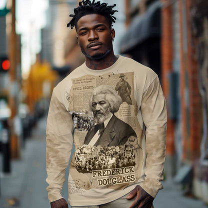 Frederick Douglass Long Sleeve Shirt Sepia Newspaper Collage Civil Rights March Historic Quote Design - African Pride