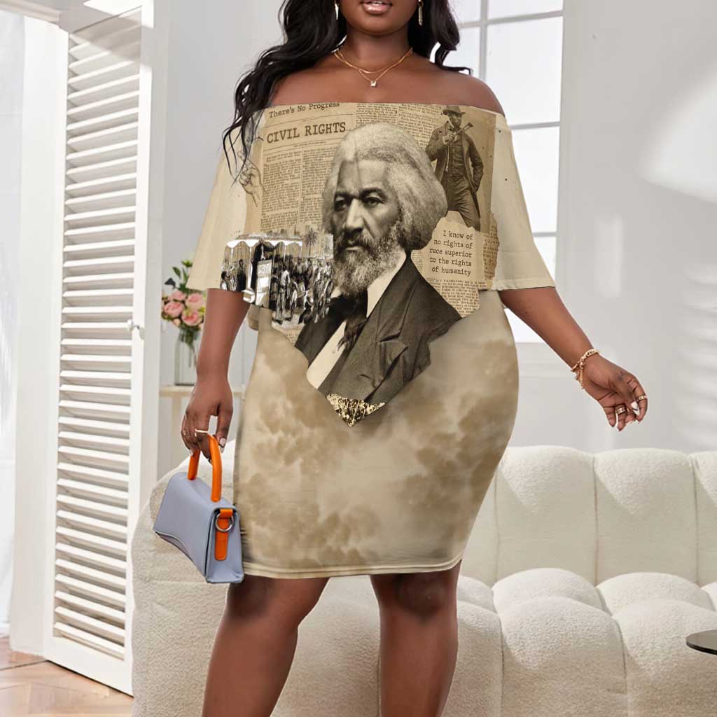 Frederick Douglass Off Shoulder Short Dress Sepia Newspaper Collage Civil Rights March Historic Quote Design - African Pride