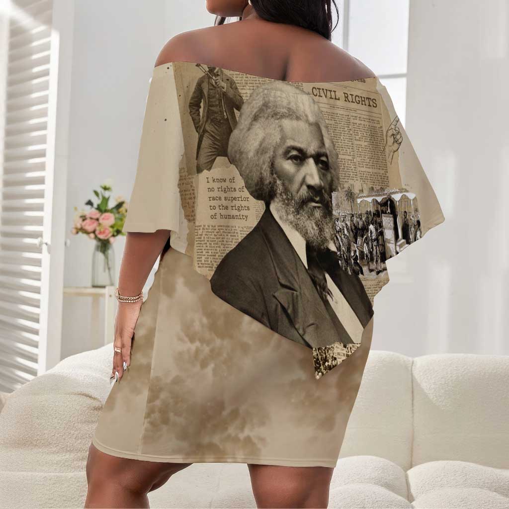 Frederick Douglass Off Shoulder Short Dress Sepia Newspaper Collage Civil Rights March Historic Quote Design - African Pride