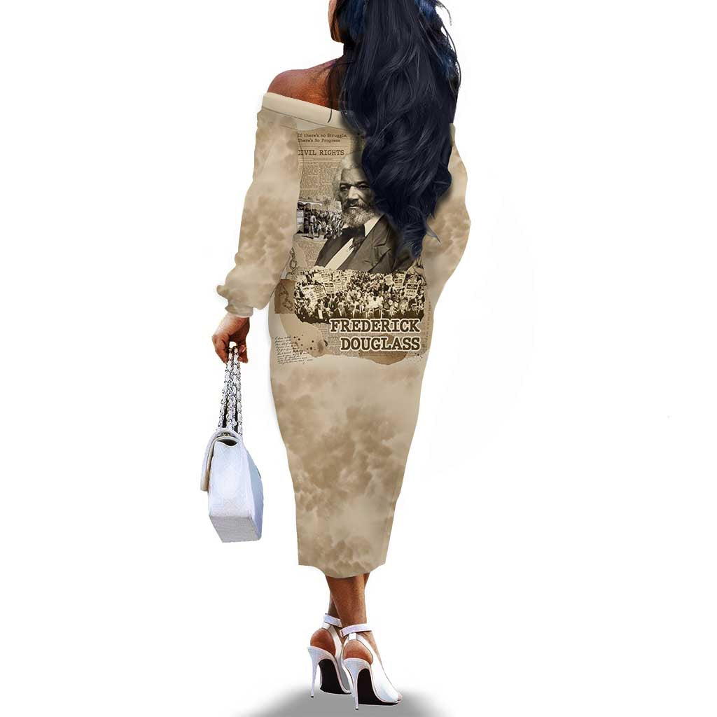 Frederick Douglass Off The Shoulder Long Sleeve Dress Sepia Newspaper Collage Civil Rights March Historic Quote Design - African Pride