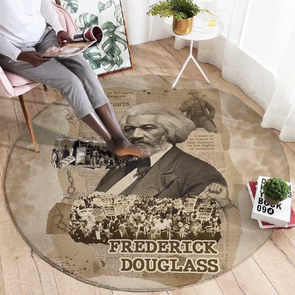 Frederick Douglass Round Carpet Sepia Newspaper Collage Civil Rights March Historic Quote Design - African Pride