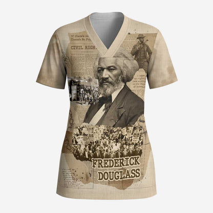 Frederick Douglass Scrub Top Sepia Newspaper Collage Civil Rights March Historic Quote Design - African Pride