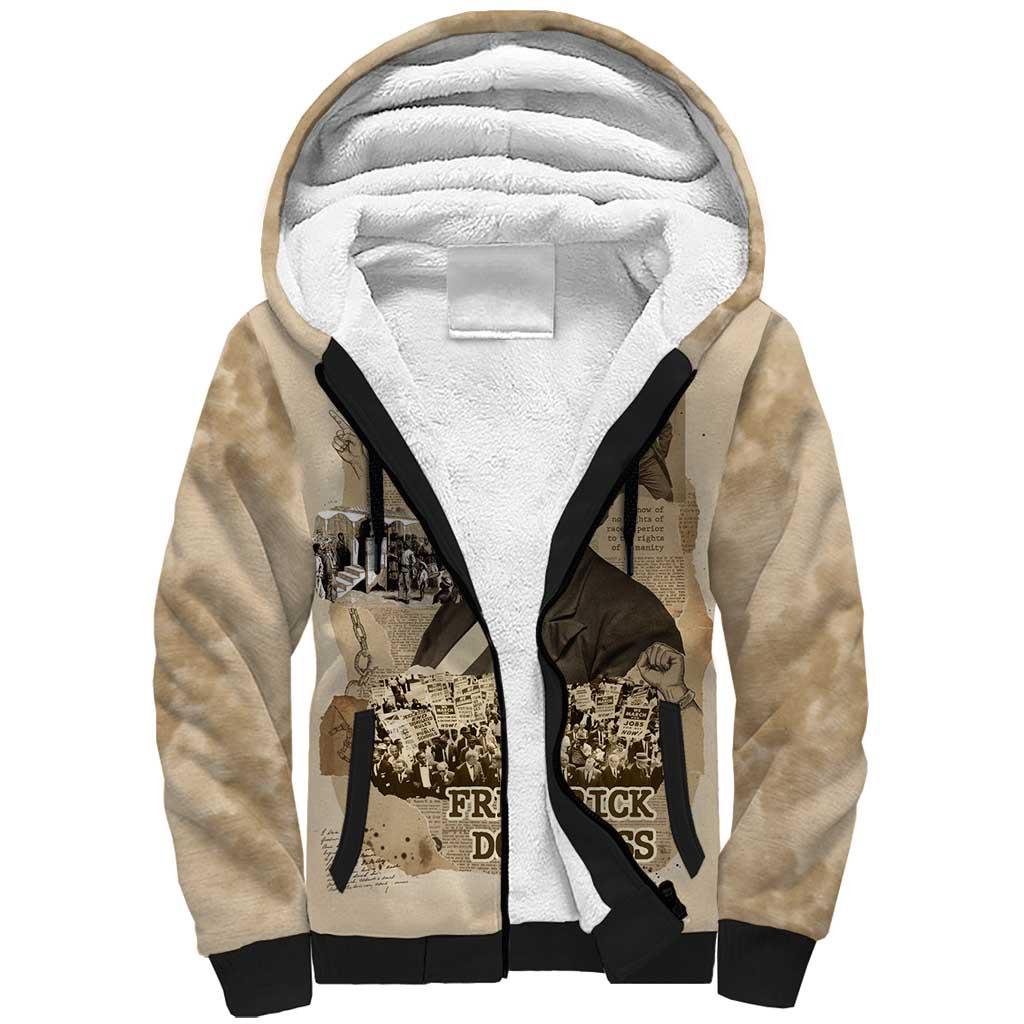 Frederick Douglass Sherpa Hoodie Sepia Newspaper Collage Civil Rights March Historic Quote Design - African Pride
