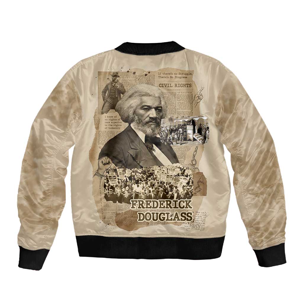 Frederick Douglass Sleeve Zip Bomber Jacket Sepia Newspaper Collage Civil Rights March Historic Quote Design - African Pride