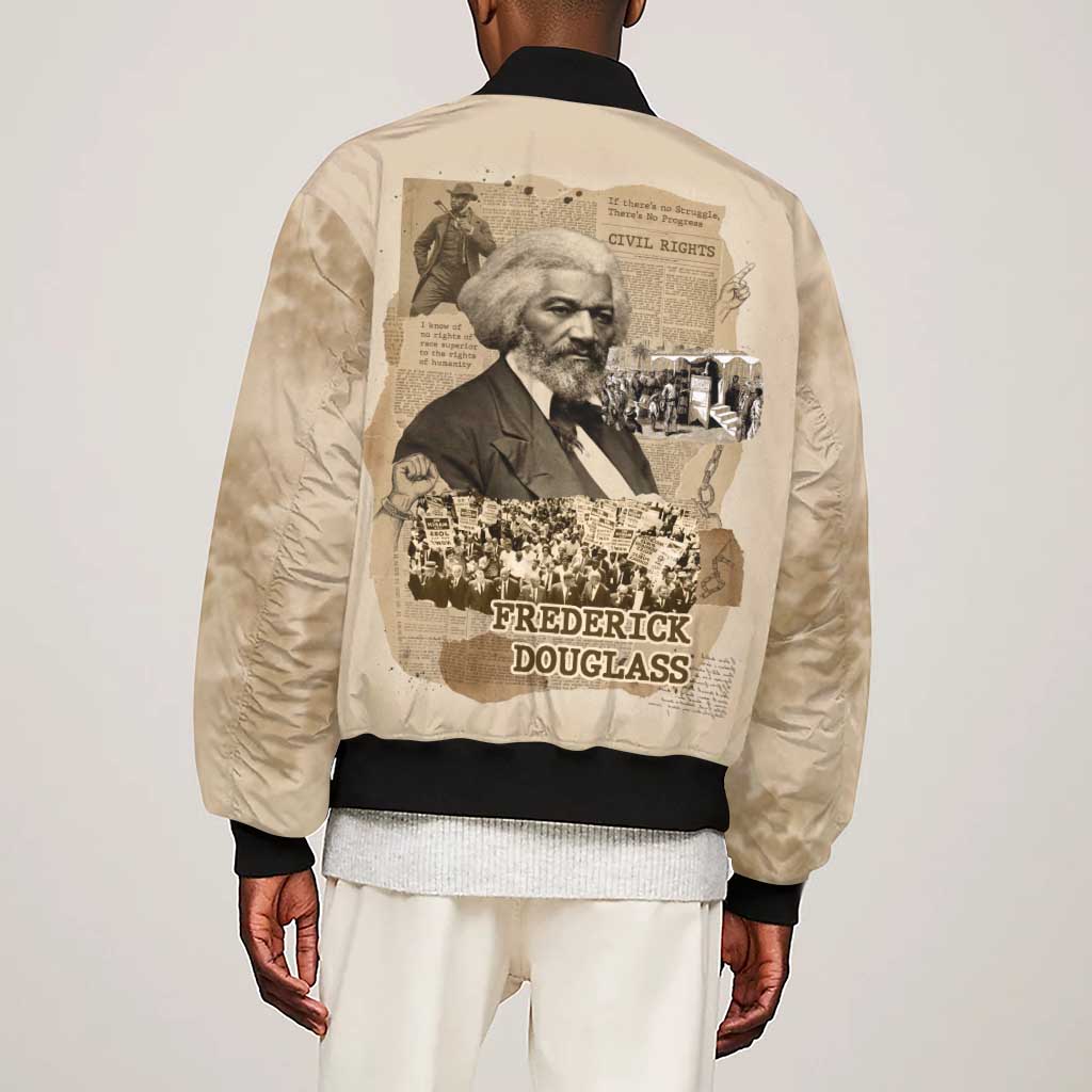 Frederick Douglass Sleeve Zip Bomber Jacket Sepia Newspaper Collage Civil Rights March Historic Quote Design - African Pride