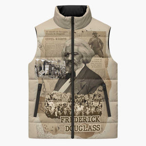 Frederick Douglass Sleeveless Puffer Jacket Sepia Newspaper Collage Civil Rights March Historic Quote Design - African Pride