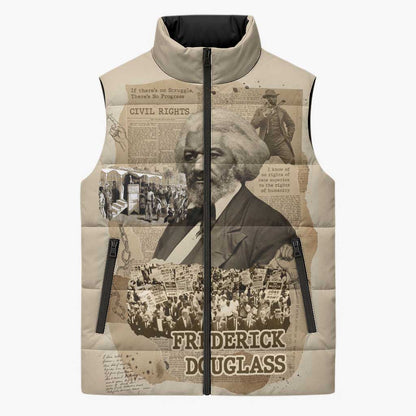Frederick Douglass Sleeveless Puffer Jacket Sepia Newspaper Collage Civil Rights March Historic Quote Design - African Pride