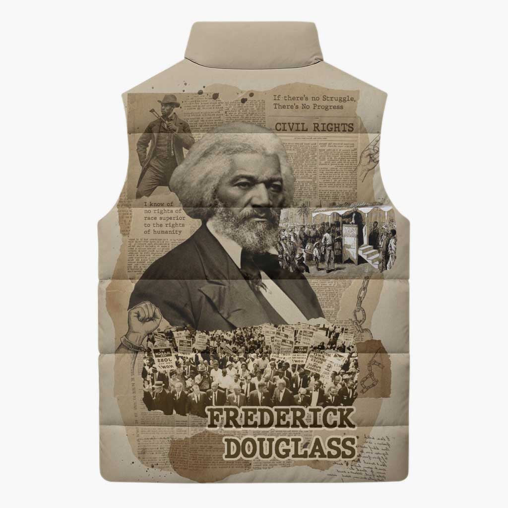 Frederick Douglass Sleeveless Puffer Jacket Sepia Newspaper Collage Civil Rights March Historic Quote Design - African Pride