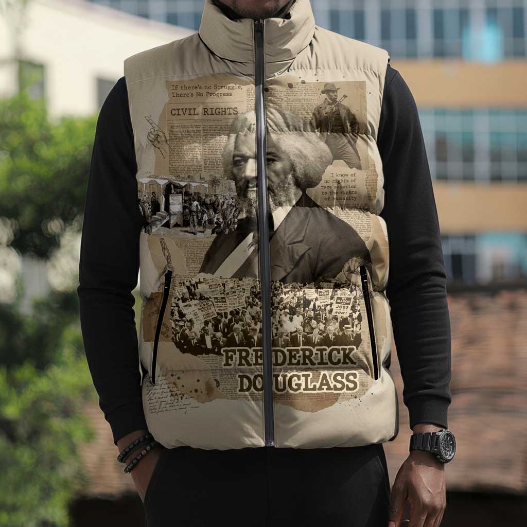 Frederick Douglass Sleeveless Puffer Jacket Sepia Newspaper Collage Civil Rights March Historic Quote Design - African Pride