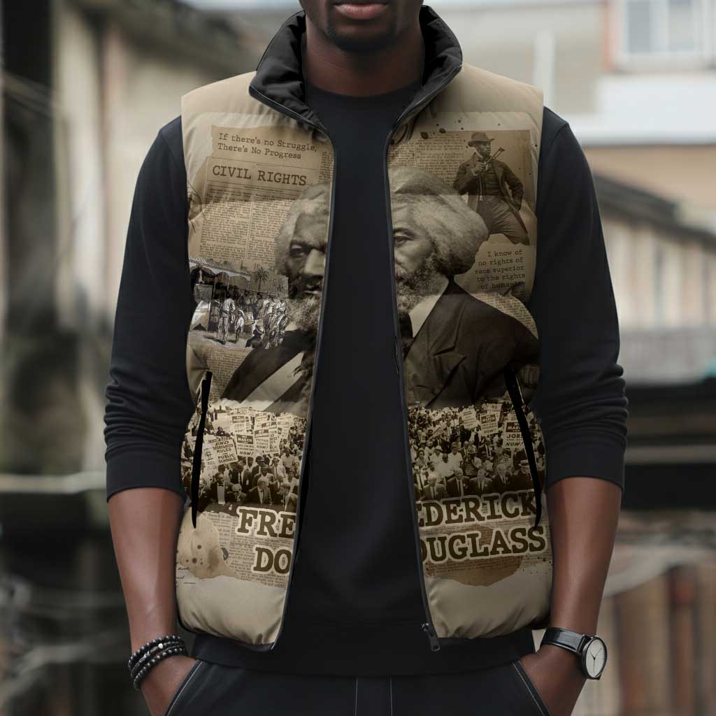Frederick Douglass Sleeveless Puffer Jacket Sepia Newspaper Collage Civil Rights March Historic Quote Design - African Pride