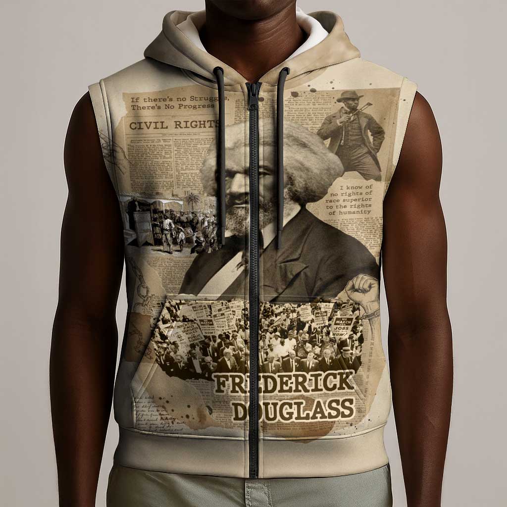 Frederick Douglass Sleeveless Zip Hoodie Sepia Newspaper Collage Civil Rights March Historic Quote Design - African Pride