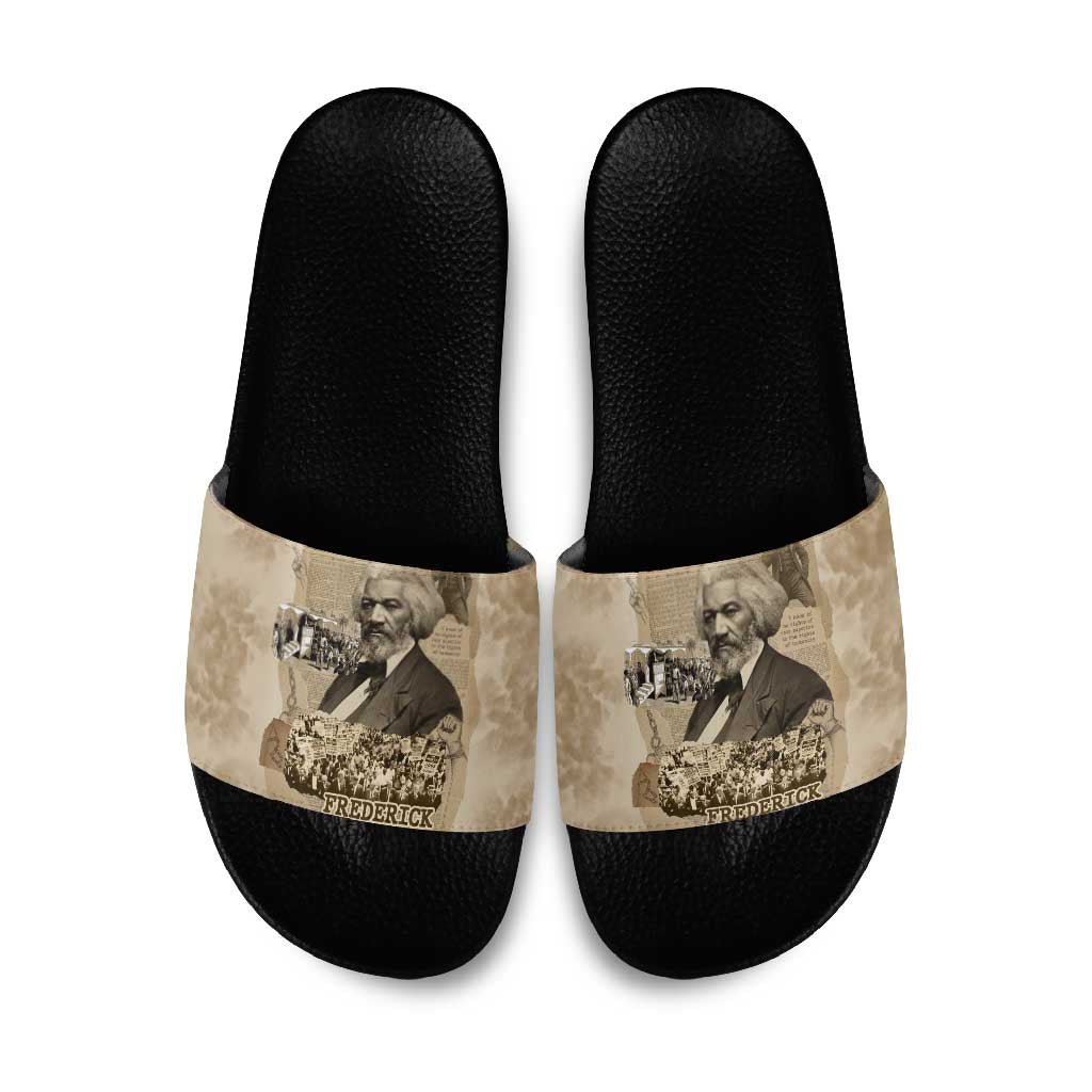 Frederick Douglass Slide Sandals Sepia Newspaper Collage Civil Rights March Historic Quote Design - African Pride