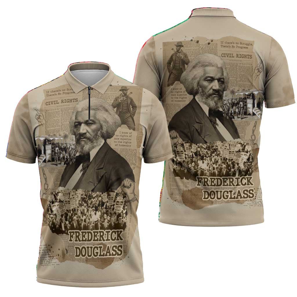 Frederick Douglass Zipper Polo Shirt Sepia Newspaper Collage Civil Rights March Historic Quote Design - African Pride