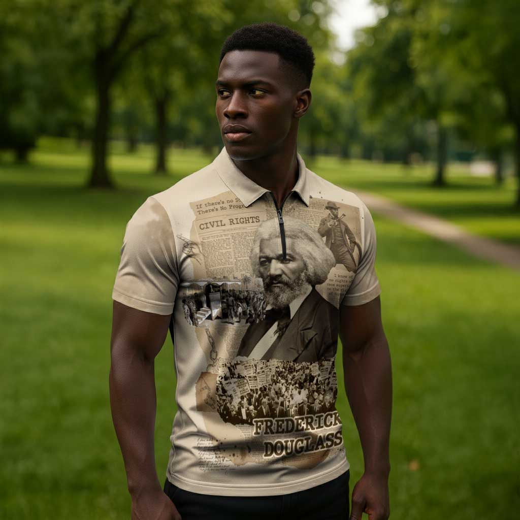 Frederick Douglass Zipper Polo Shirt Sepia Newspaper Collage Civil Rights March Historic Quote Design - African Pride