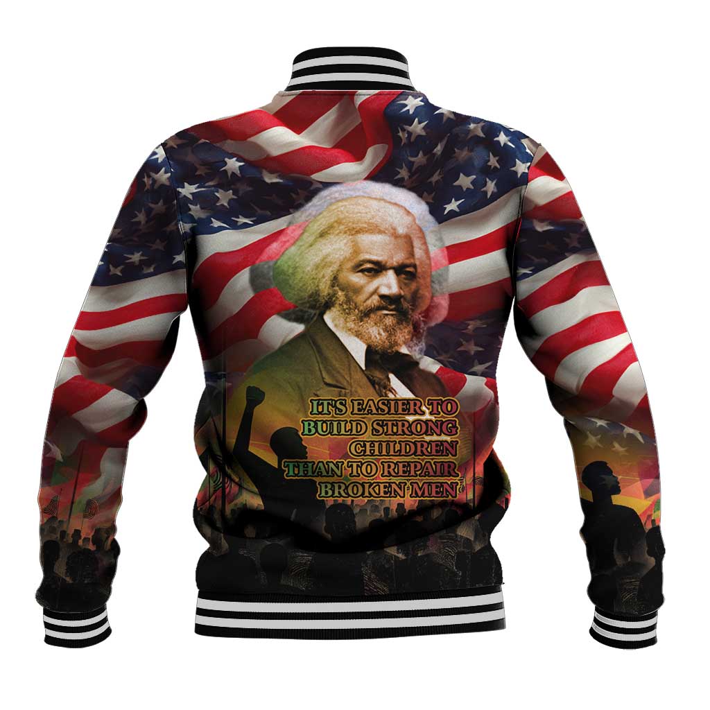 Frederick Douglass Baseball Jacket American Flag Background Powerful Quote Build Strong Children Civil Rights Tribute - African Pride