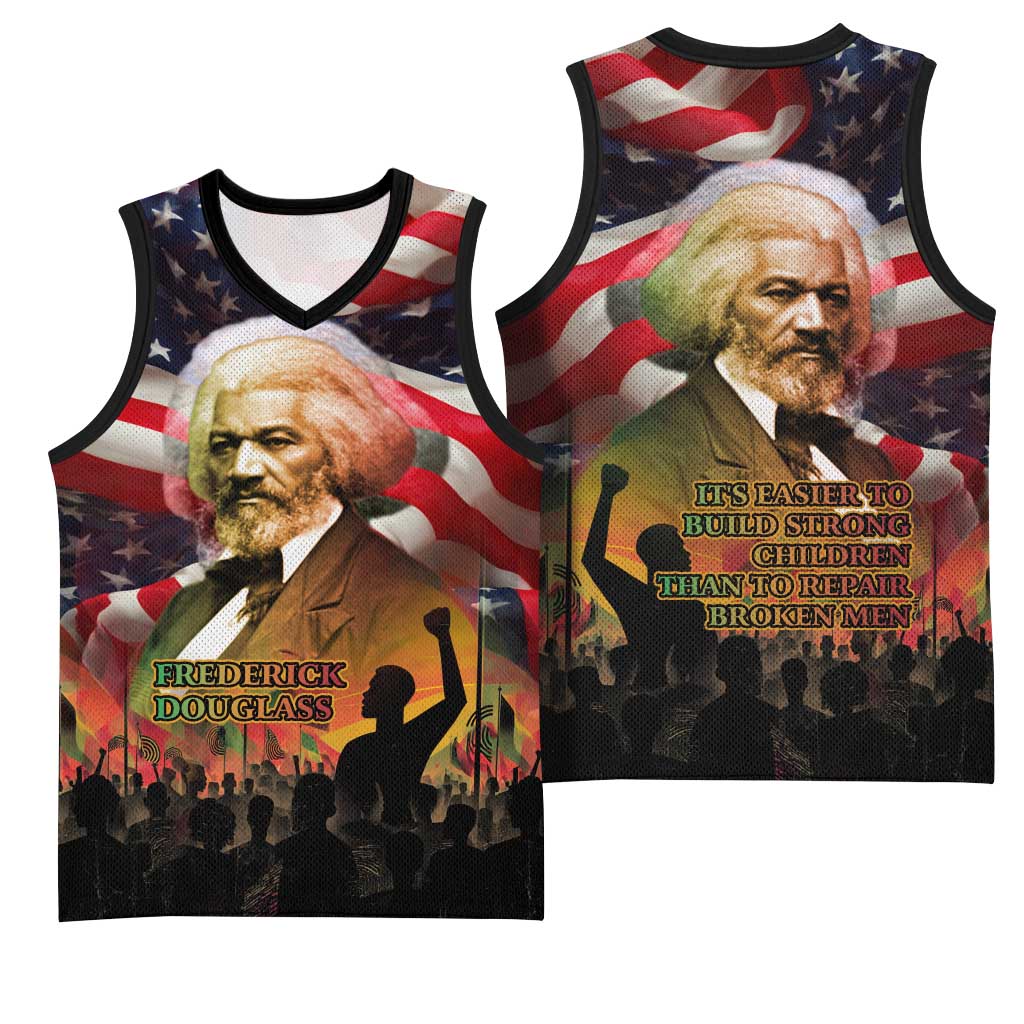 Frederick Douglass Basketball Jersey American Flag Background Powerful Quote Build Strong Children Civil Rights Tribute - African Pride