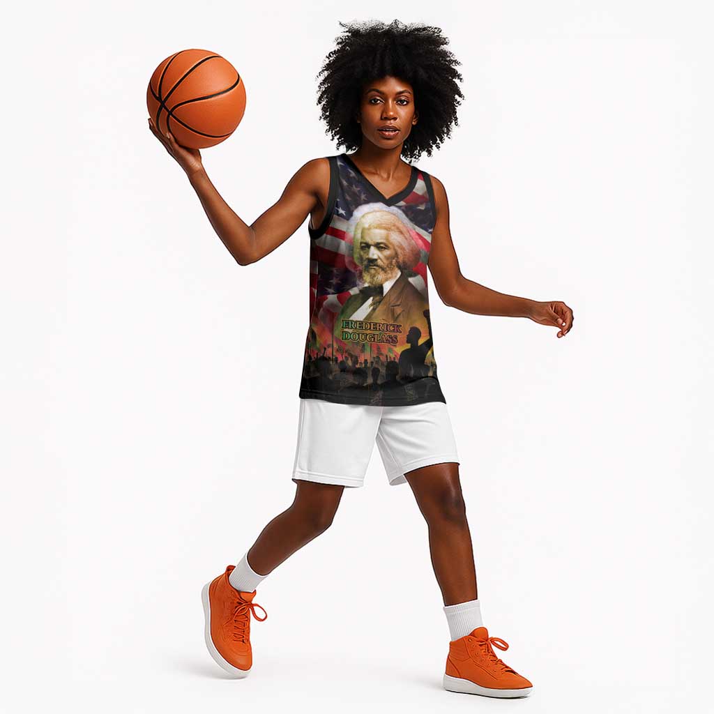 Frederick Douglass Basketball Jersey American Flag Background Powerful Quote Build Strong Children Civil Rights Tribute - African Pride