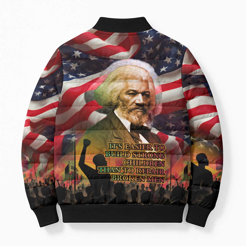 Frederick Douglass Bomber Puffer Jacket American Flag Background Powerful Quote Build Strong Children Civil Rights Tribute - African Pride
