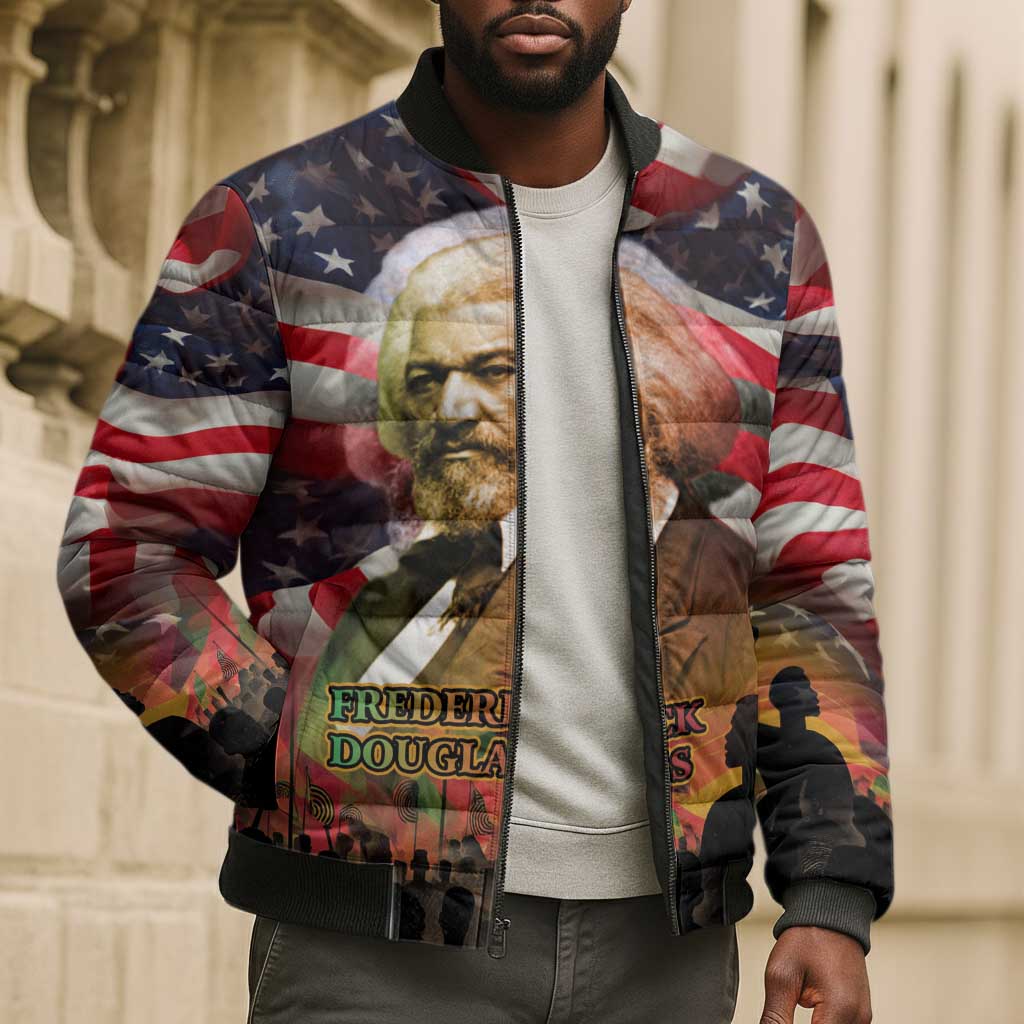 Frederick Douglass Bomber Puffer Jacket American Flag Background Powerful Quote Build Strong Children Civil Rights Tribute - African Pride