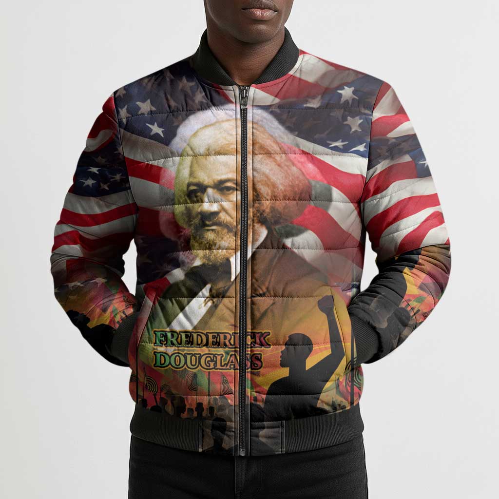 Frederick Douglass Bomber Puffer Jacket American Flag Background Powerful Quote Build Strong Children Civil Rights Tribute - African Pride