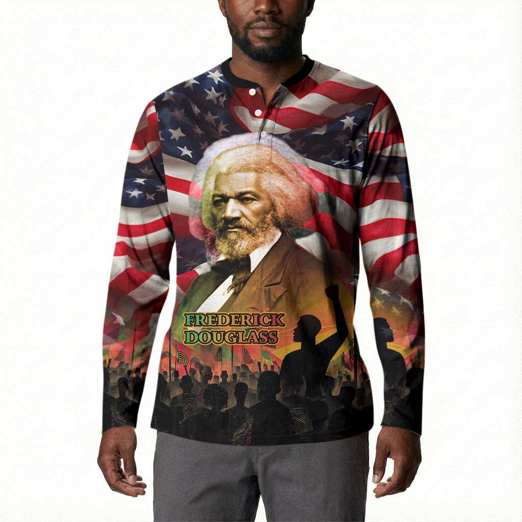 Frederick Douglass Button Sweatshirt American Flag Background Powerful Quote Build Strong Children Civil Rights Tribute