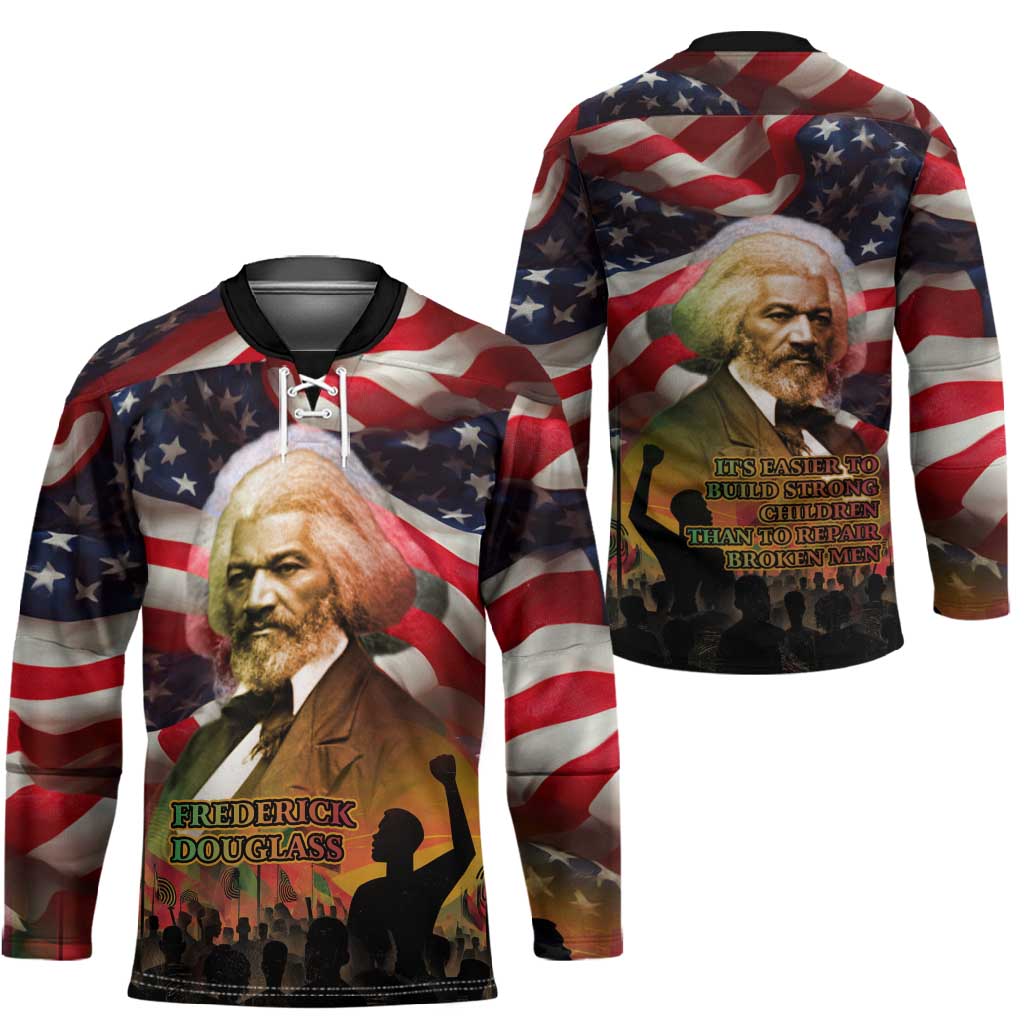 Frederick Douglass Hockey Jersey American Flag Background Powerful Quote Build Strong Children Civil Rights Tribute - African Pride