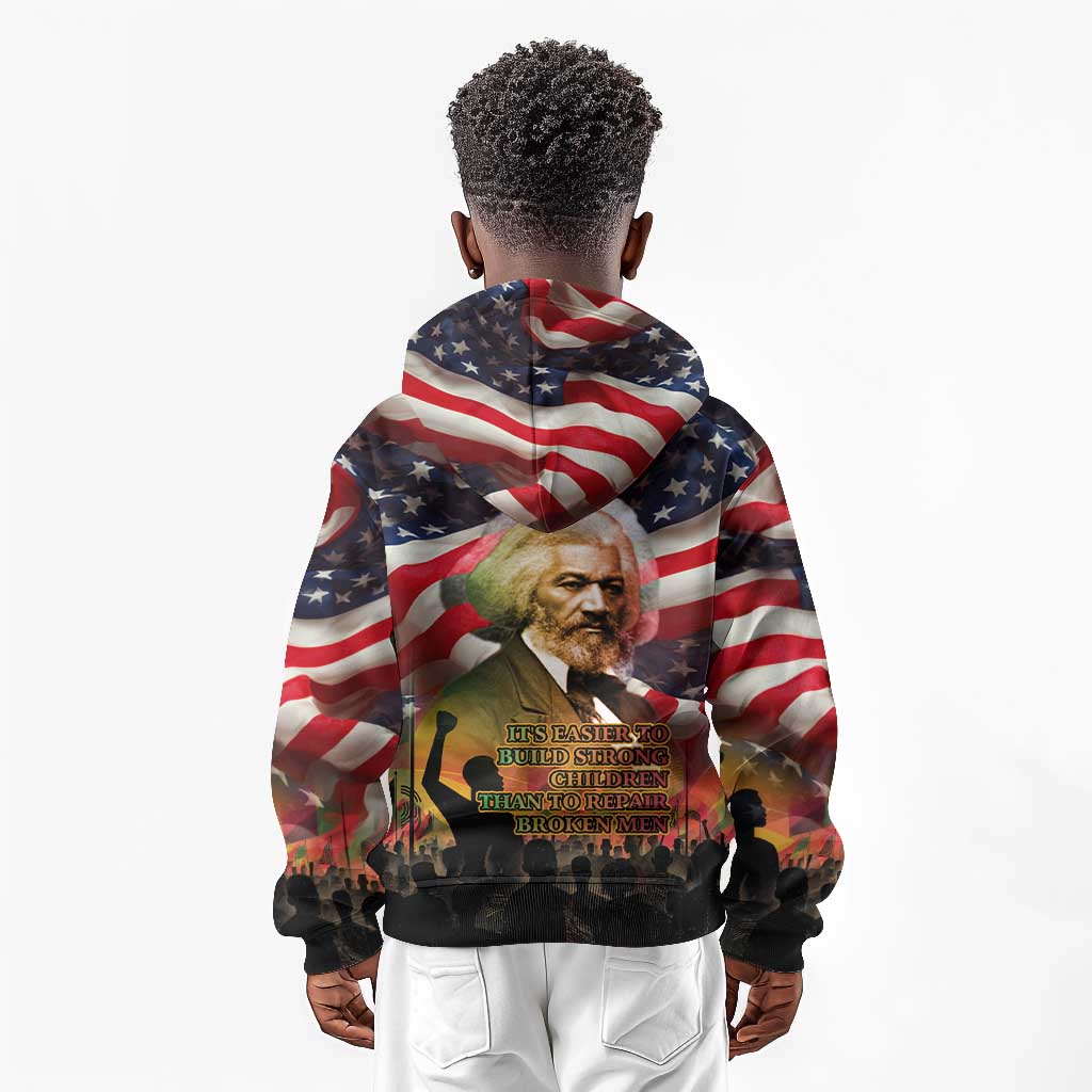 Frederick Douglass Kid Hoodie American Flag Background Powerful Quote Build Strong Children Civil Rights Tribute - African Pride