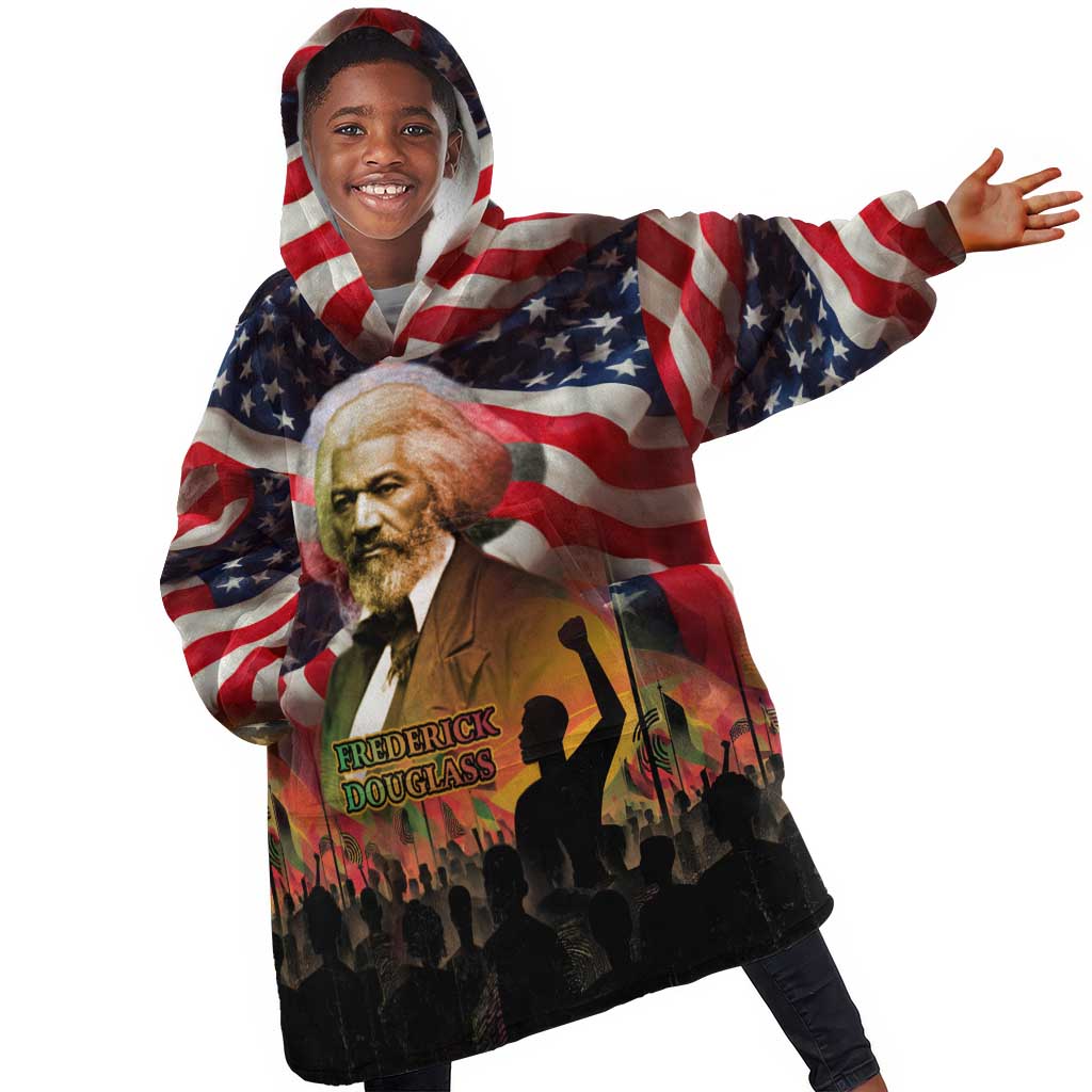 Frederick Douglass Kid Wearable Blanket Hoodie American Flag Background Powerful Quote Build Strong Children Civil Rights Tribute - African Pride