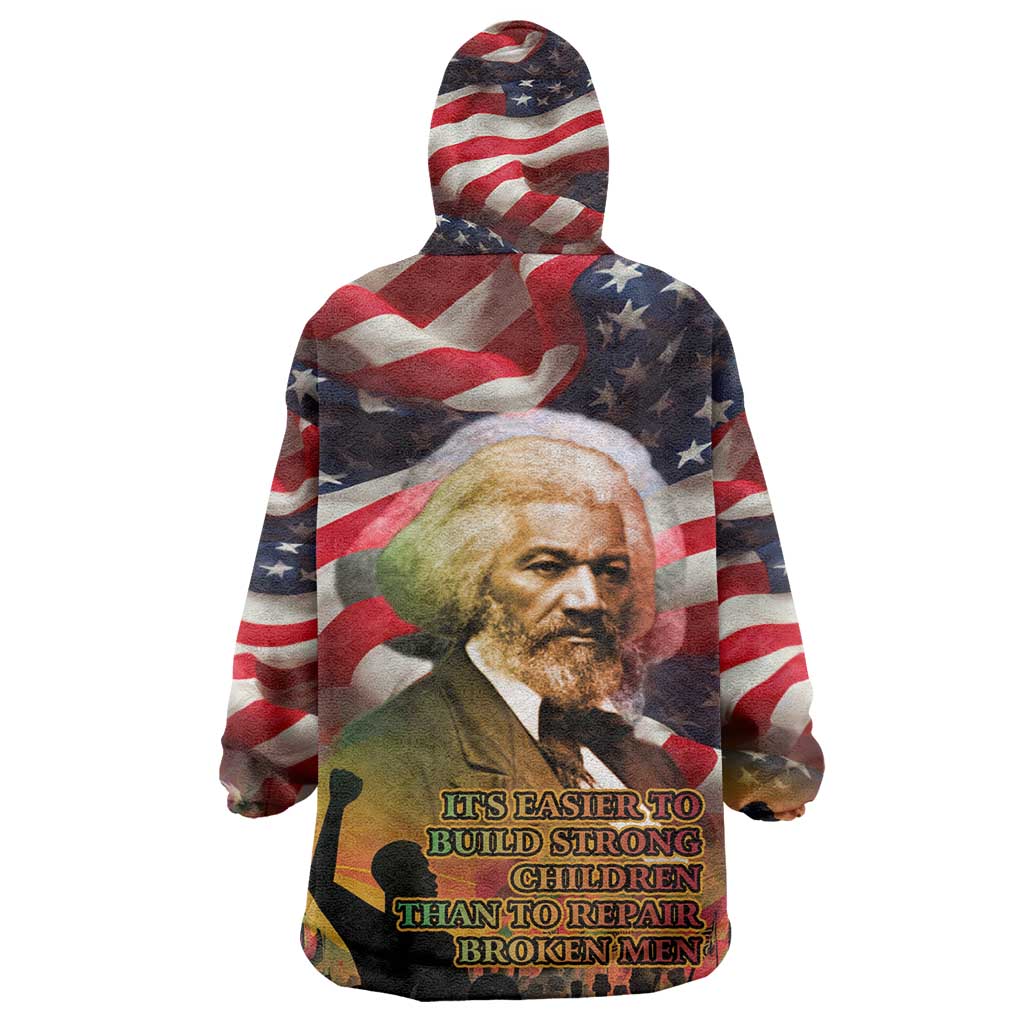 Frederick Douglass Kid Wearable Blanket Hoodie American Flag Background Powerful Quote Build Strong Children Civil Rights Tribute - African Pride
