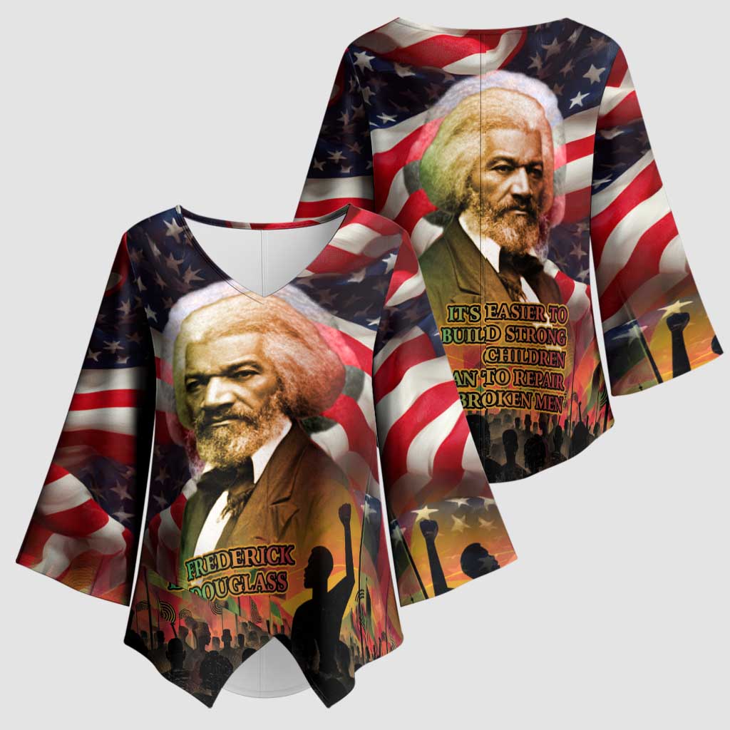 Frederick Douglass Kimono Sleeve Blouse American Flag Background Powerful Quote Build Strong Children Civil Rights Tribute - African Pride
