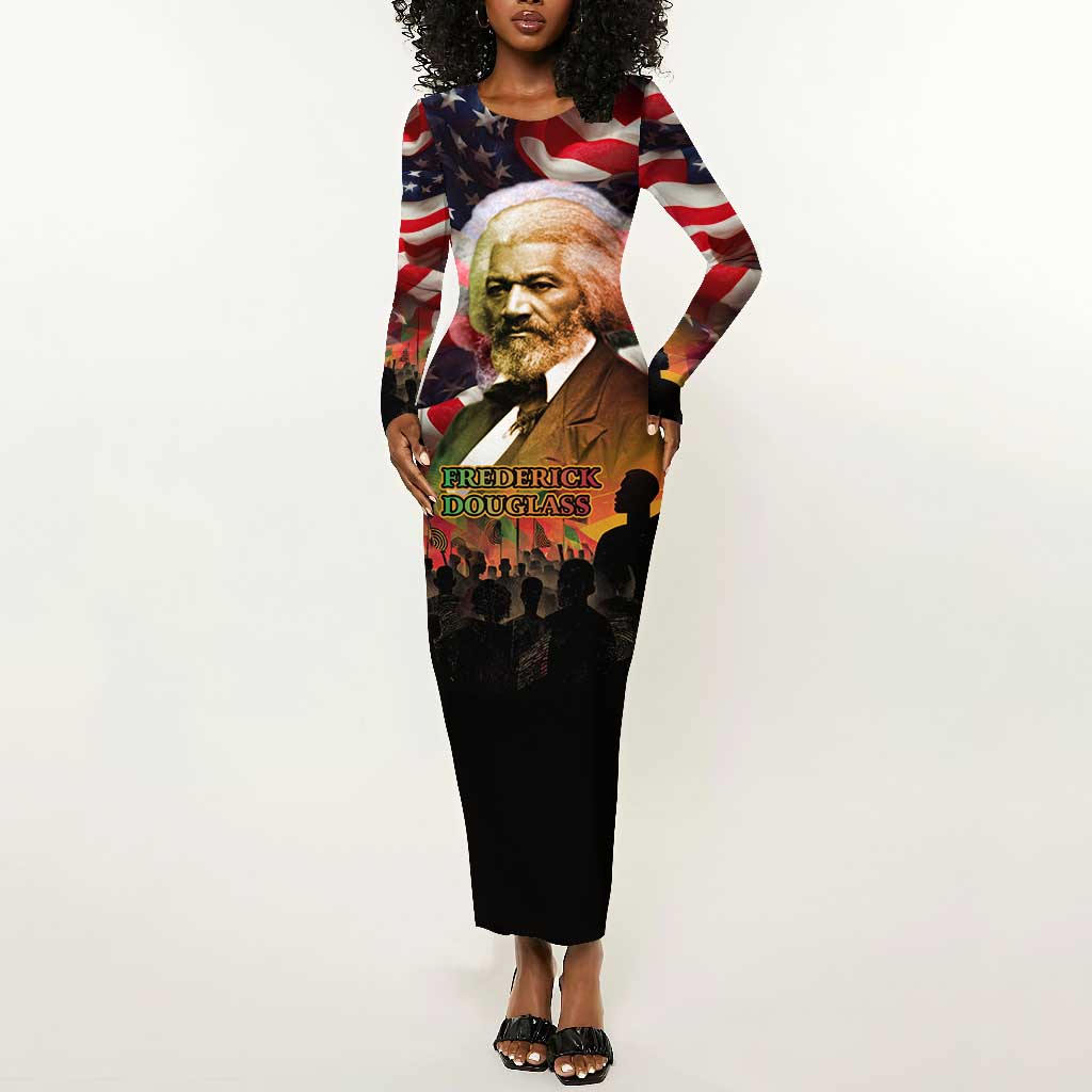 Frederick Douglass Long Sleeve Bodycon Dress American Flag Background Powerful Quote Build Strong Children Civil Rights Tribute - African Pride