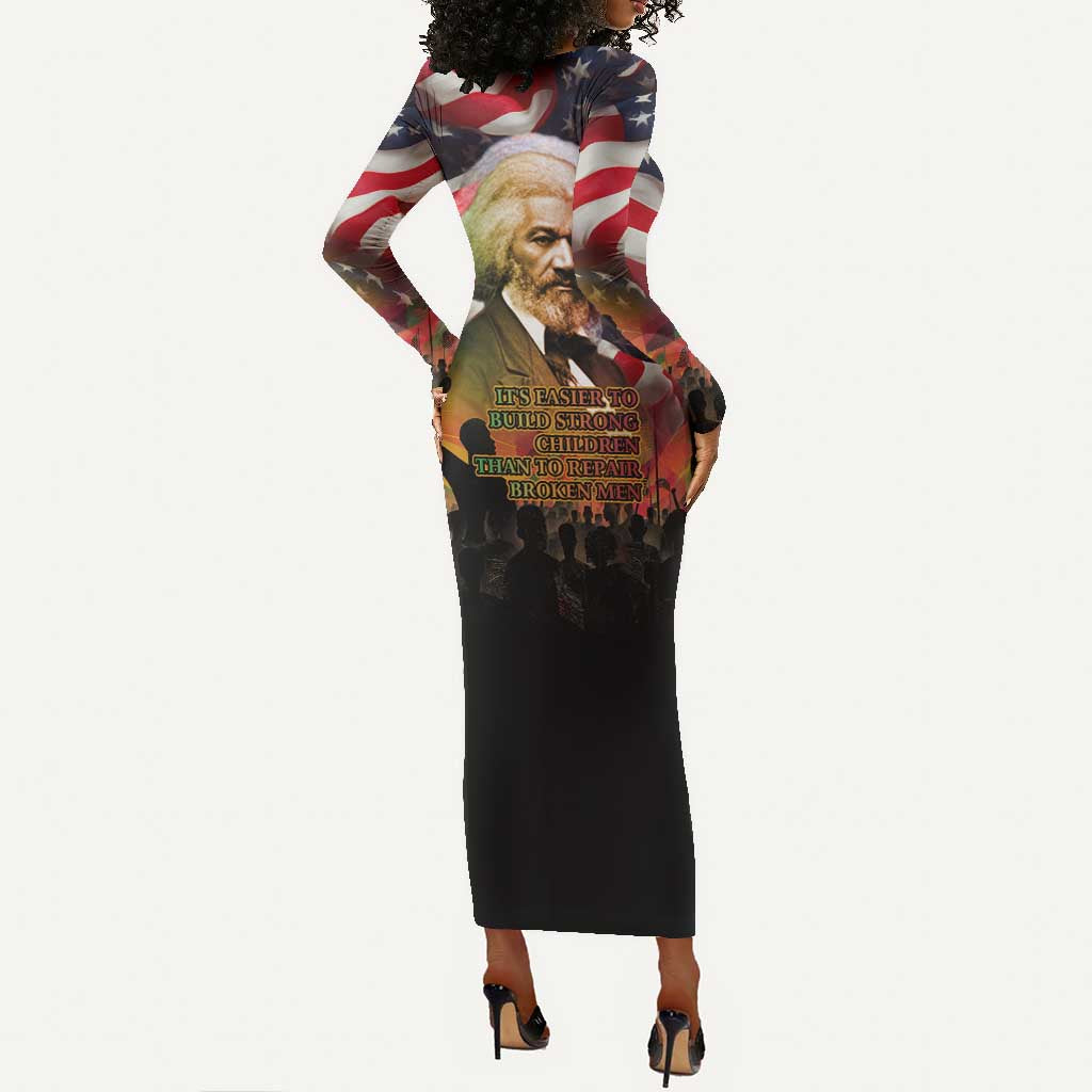 Frederick Douglass Long Sleeve Bodycon Dress American Flag Background Powerful Quote Build Strong Children Civil Rights Tribute - African Pride