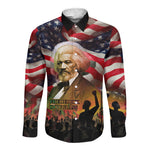 Frederick Douglass Long Sleeve Button Shirt American Flag Background Powerful Quote Build Strong Children Civil Rights Tribute - African Pride
