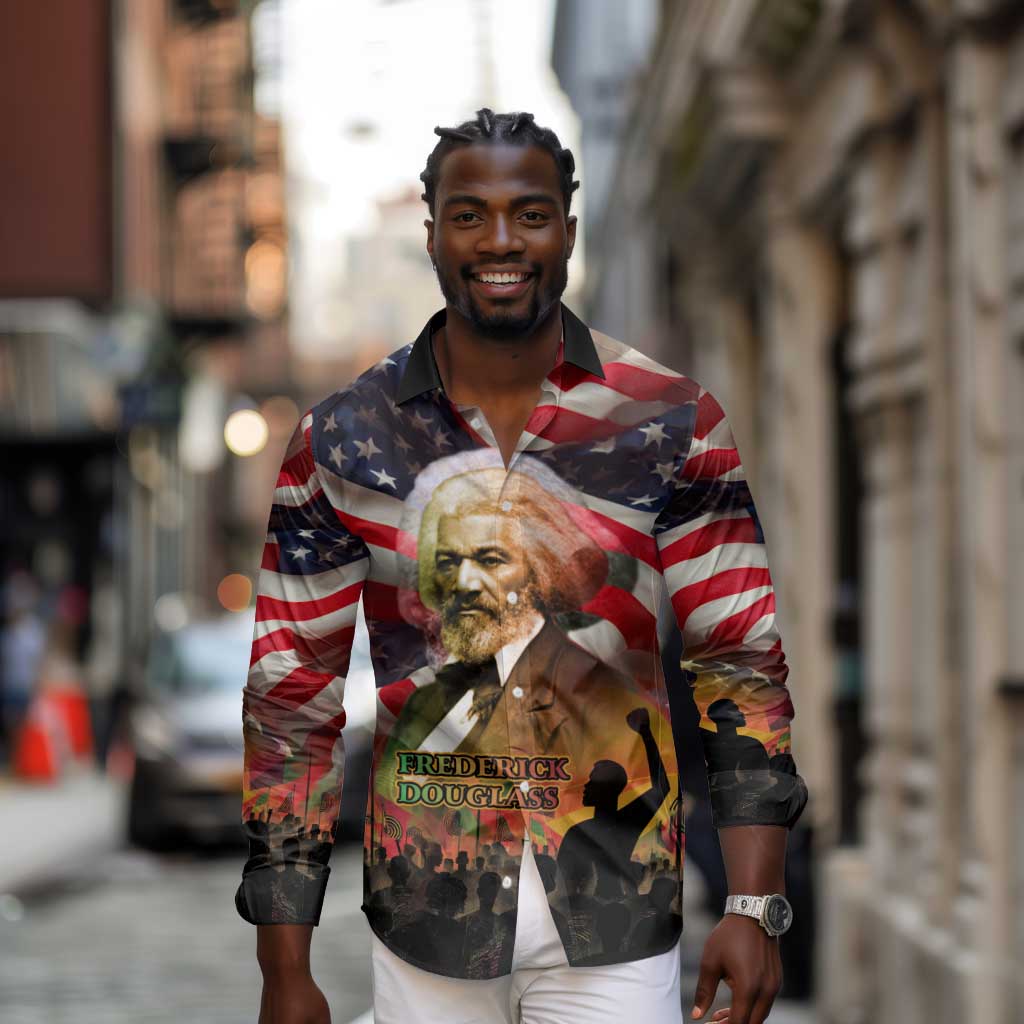 Frederick Douglass Long Sleeve Button Shirt American Flag Background Powerful Quote Build Strong Children Civil Rights Tribute - African Pride