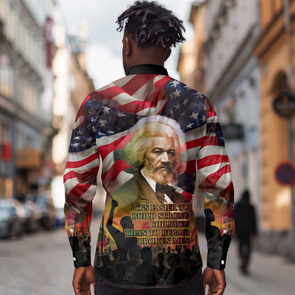 Frederick Douglass Long Sleeve Button Shirt American Flag Background Powerful Quote Build Strong Children Civil Rights Tribute - African Pride
