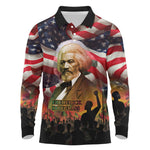 Frederick Douglass Long Sleeve Polo Shirt American Flag Background Powerful Quote Build Strong Children Civil Rights Tribute - African Pride
