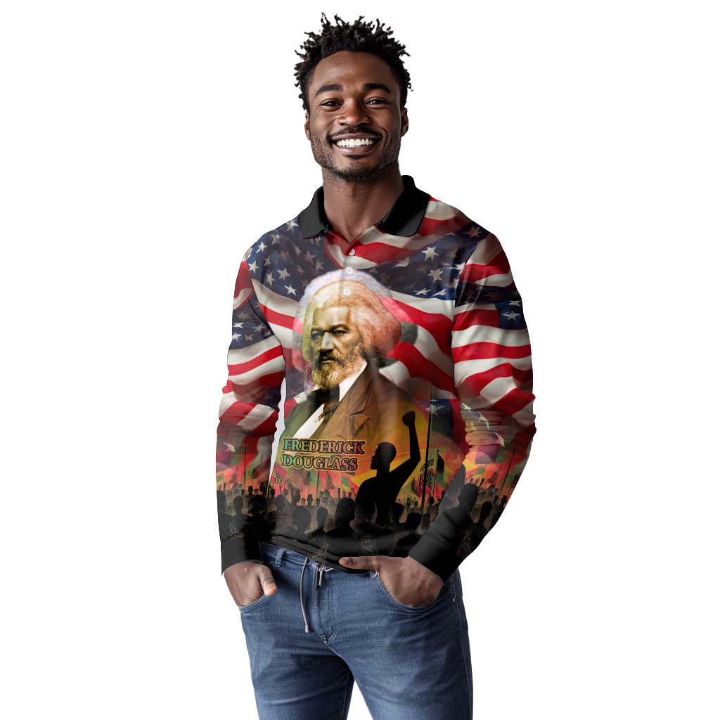 Frederick Douglass Long Sleeve Polo Shirt American Flag Background Powerful Quote Build Strong Children Civil Rights Tribute - African Pride