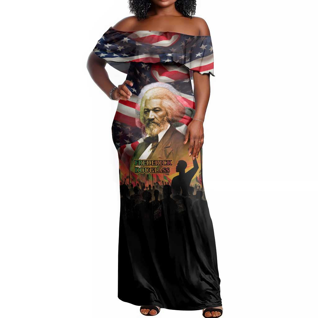 Frederick Douglass Off Shoulder Maxi Dress American Flag Background Powerful Quote Build Strong Children Civil Rights Tribute - African Pride