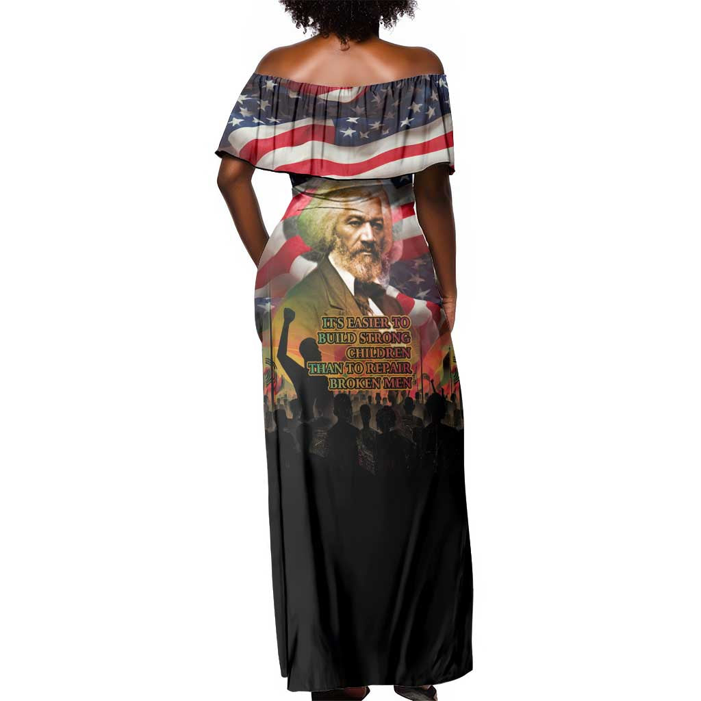Frederick Douglass Off Shoulder Maxi Dress American Flag Background Powerful Quote Build Strong Children Civil Rights Tribute - African Pride