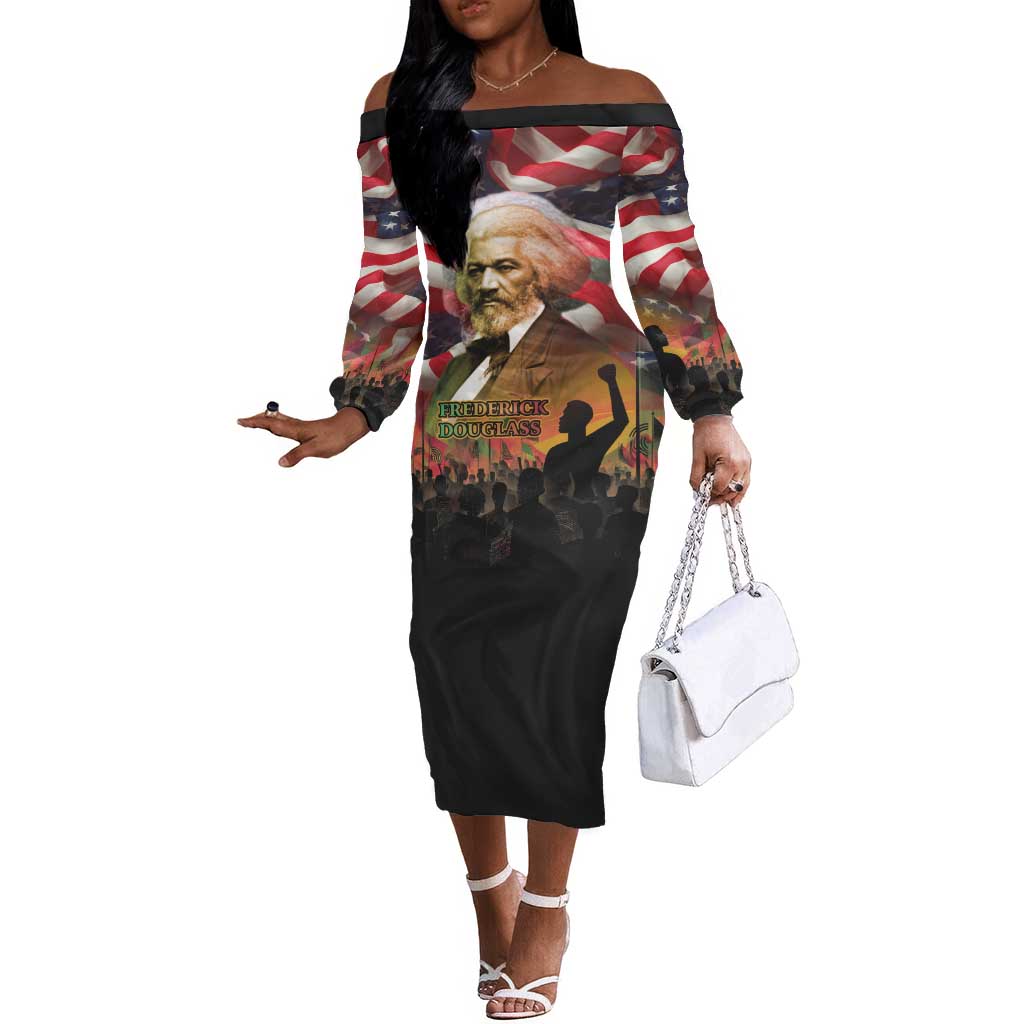 Frederick Douglass Off The Shoulder Long Sleeve Dress American Flag Background Powerful Quote Build Strong Children Civil Rights Tribute - African Pride