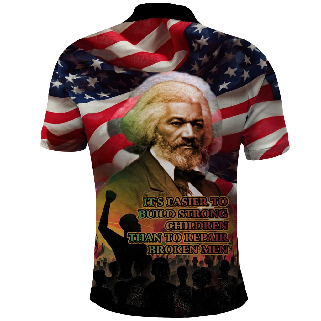Frederick Douglass Polo Shirt American Flag Background Powerful Quote Build Strong Children Civil Rights Tribute TS04