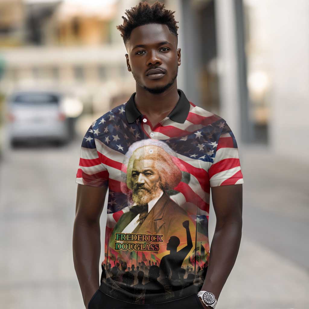 Frederick Douglass Polo Shirt American Flag Background Powerful Quote Build Strong Children Civil Rights Tribute TS04