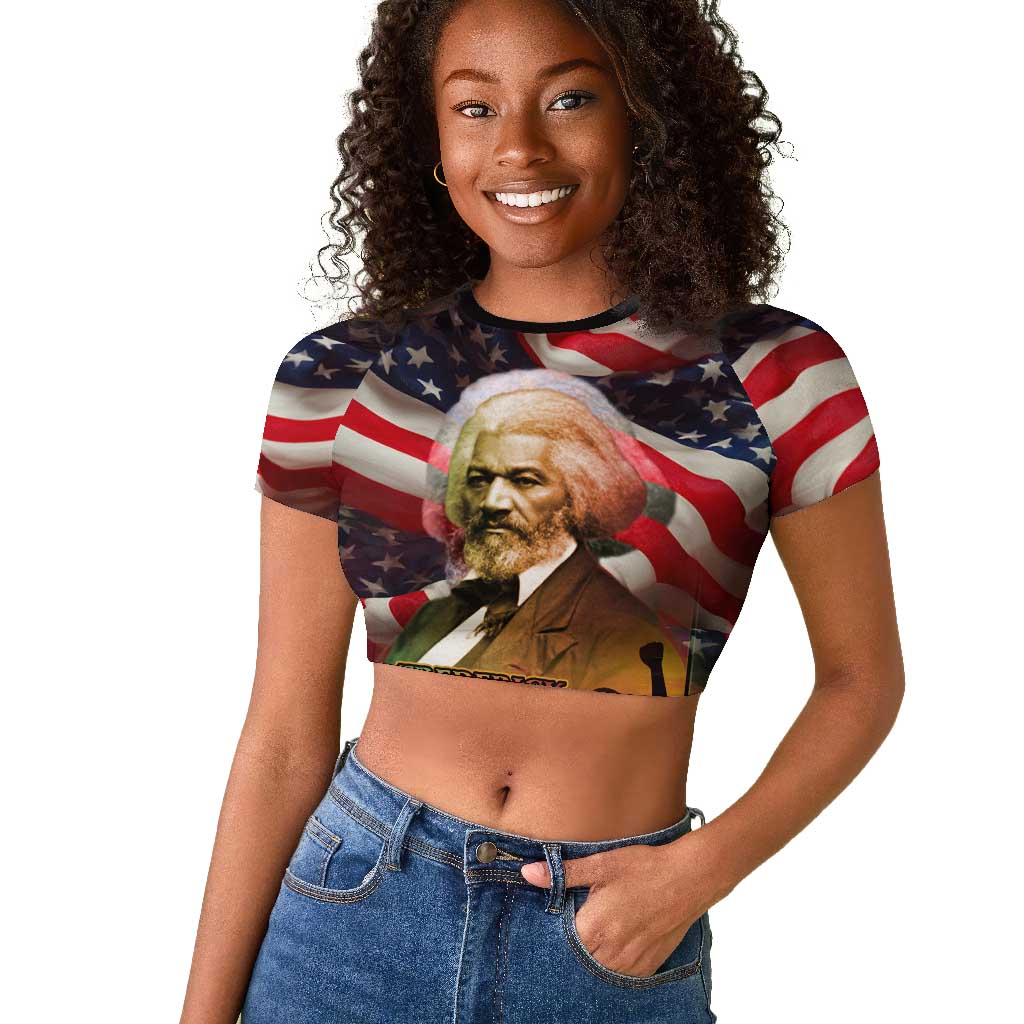 Frederick Douglass Raglan Cropped T shirt American Flag Background Powerful Quote Build Strong Children Civil Rights Tribute TS04
