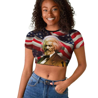 Frederick Douglass Raglan Cropped T shirt American Flag Background Powerful Quote Build Strong Children Civil Rights Tribute TS04