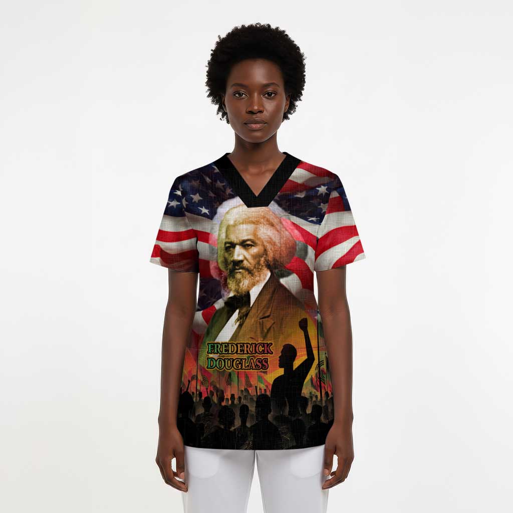 Frederick Douglass Scrub Top American Flag Background Powerful Quote Build Strong Children Civil Rights Tribute - African Pride