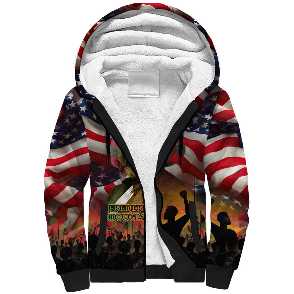 Frederick Douglass Sherpa Hoodie American Flag Background Powerful Quote Build Strong Children Civil Rights Tribute - African Pride