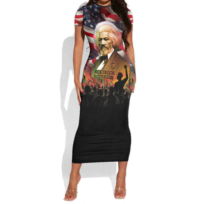 Frederick Douglass Short Sleeve Bodycon Dress American Flag Background Powerful Quote Build Strong Children Civil Rights Tribute TS04