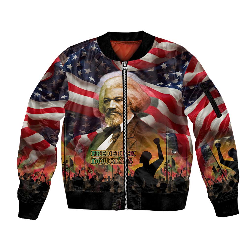 Frederick Douglass Sleeve Zip Bomber Jacket American Flag Background Powerful Quote Build Strong Children Civil Rights Tribute - African Pride